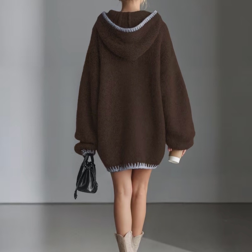 Brown Oversized Sweater Hoodie Cozy Knit Pullover Size L - Picture 2 of 7